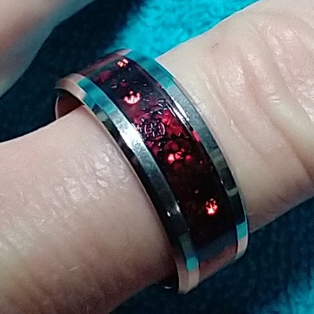 Silvertone red gear industrial band ring gothic